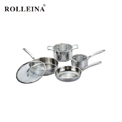Factory Price Straight Shape Kitchen Hammered Pot Tri Ply Stainless Steel Cookware Set