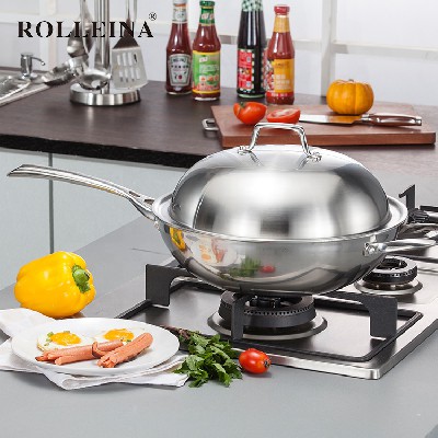 New Technology Flat Induction Bottom Tri-ply Stainless Steel Wok With Lid