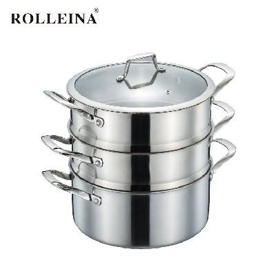 Multifunction 3 layers tri-ply stainless steel steamer pot with glass lid