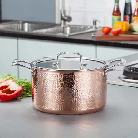 來利亞新款SUS304不鏽鋼湯鍋德國工藝豪華三層鋼銅錘紋不鏽鋼湯鍋